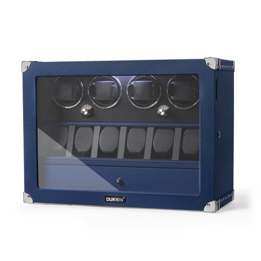 DUKWIN Watch Winder for Automatic Watches, Lockable Winders with Watch & Jewelry Storage, Super Quiet Motor with High-Gloss Finish, Built-in Illumination, Blue