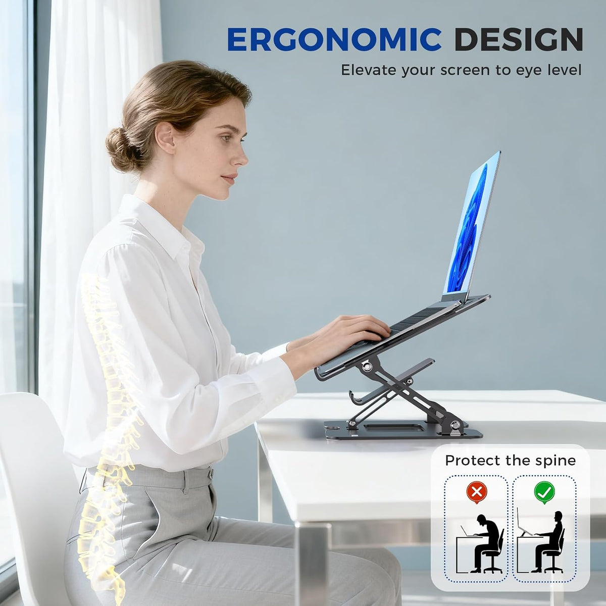 Lajou 2-in-1 Ergonomic Laptop Phone Stand for Desk, Adjustable Riser, Sturdy and Portable, Fits All Laptops and Phone