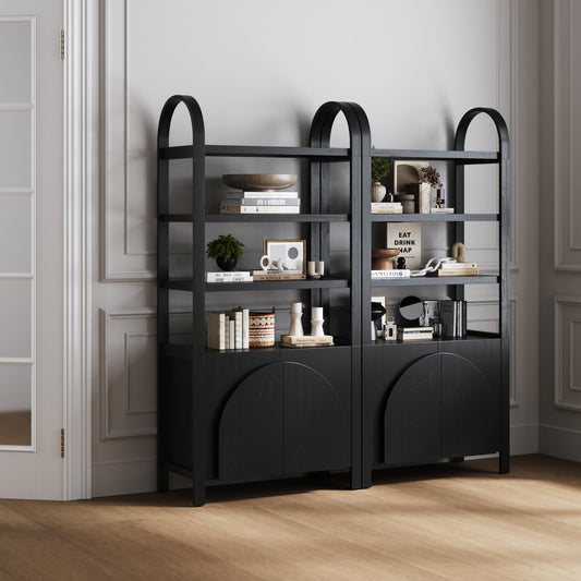 Nathan James Iris 3 Tier Bookshelf, Arched Bookcase Cabinet, Solid Wood Bookcase with Cabinet Base, Boho Bookshelf in Midnight Charcoal Finish, Set of 2