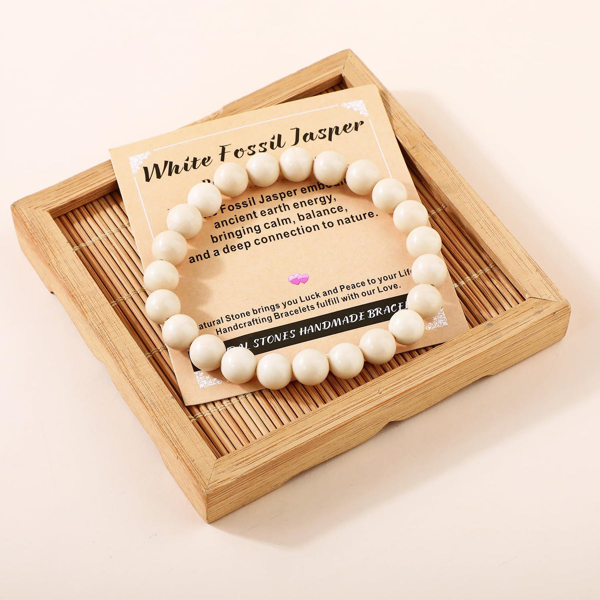 AD Beads 10mm Handmade White Fossil Jasper Elastic Bracelet – Natural Gemstone for Promote calmness – Meditation, Yoga, Healing and Energy Gift for Men Women