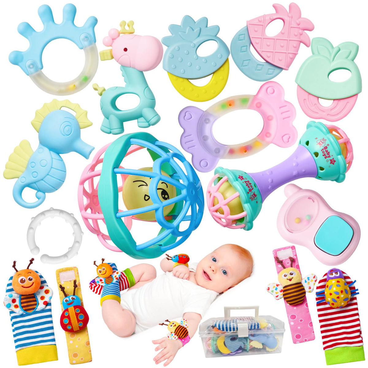 15PCS Rattles for Babies 0-6 Months - BPA-Free Baby Rattles 0-3, 6-12 Months for Newborn Soft Teething Toys Infant Toys with Wrist & Ankle Rattles, Baby Gift Set with Box for Hand-Eye Coordination