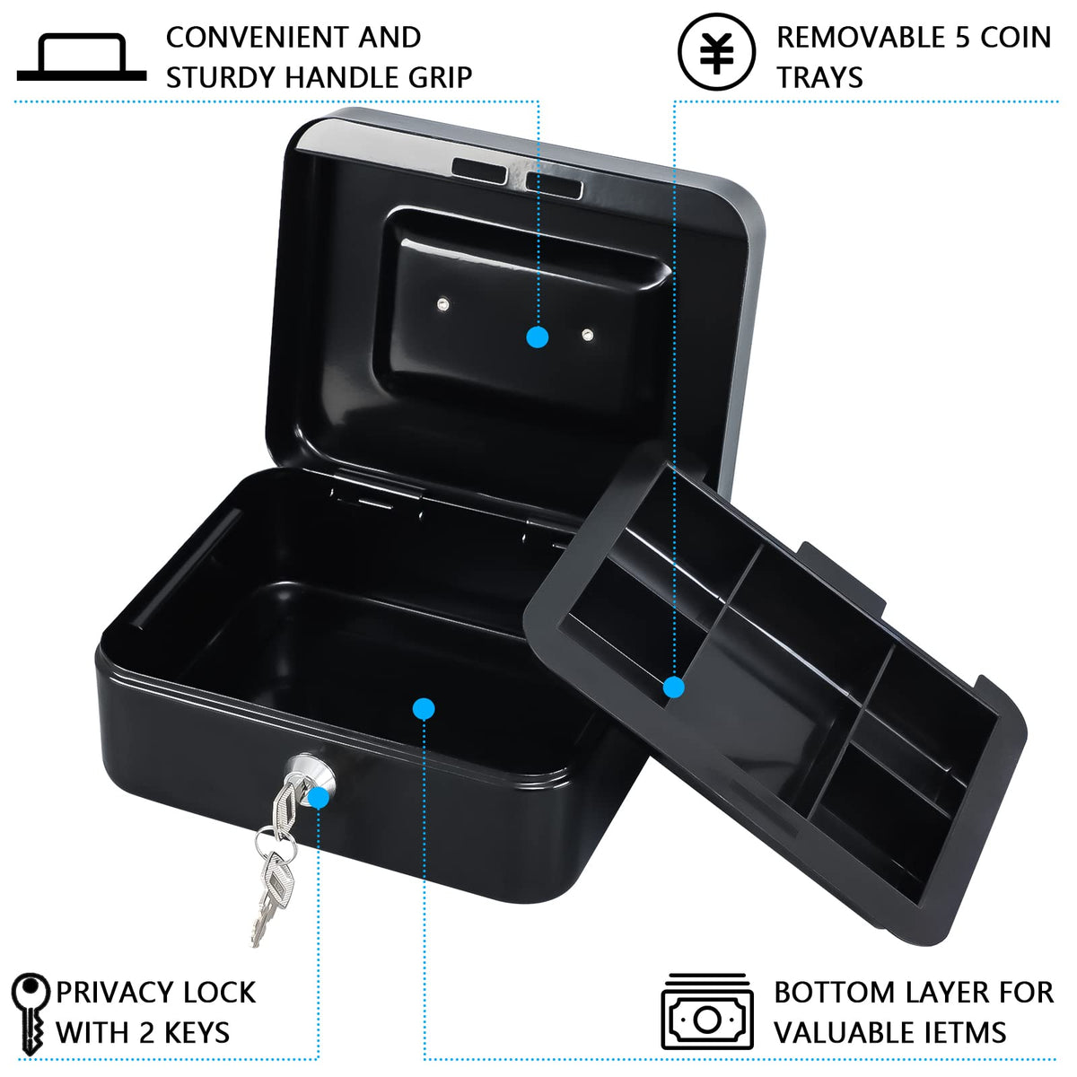 KYODOLED Medium Cash Box with Removable Money Tray, Key Lock Metal Storage Box with 2 Keys & Portable Handle, Safe Cash Drawer, 7.87"x 6.30"x 3.54", Black