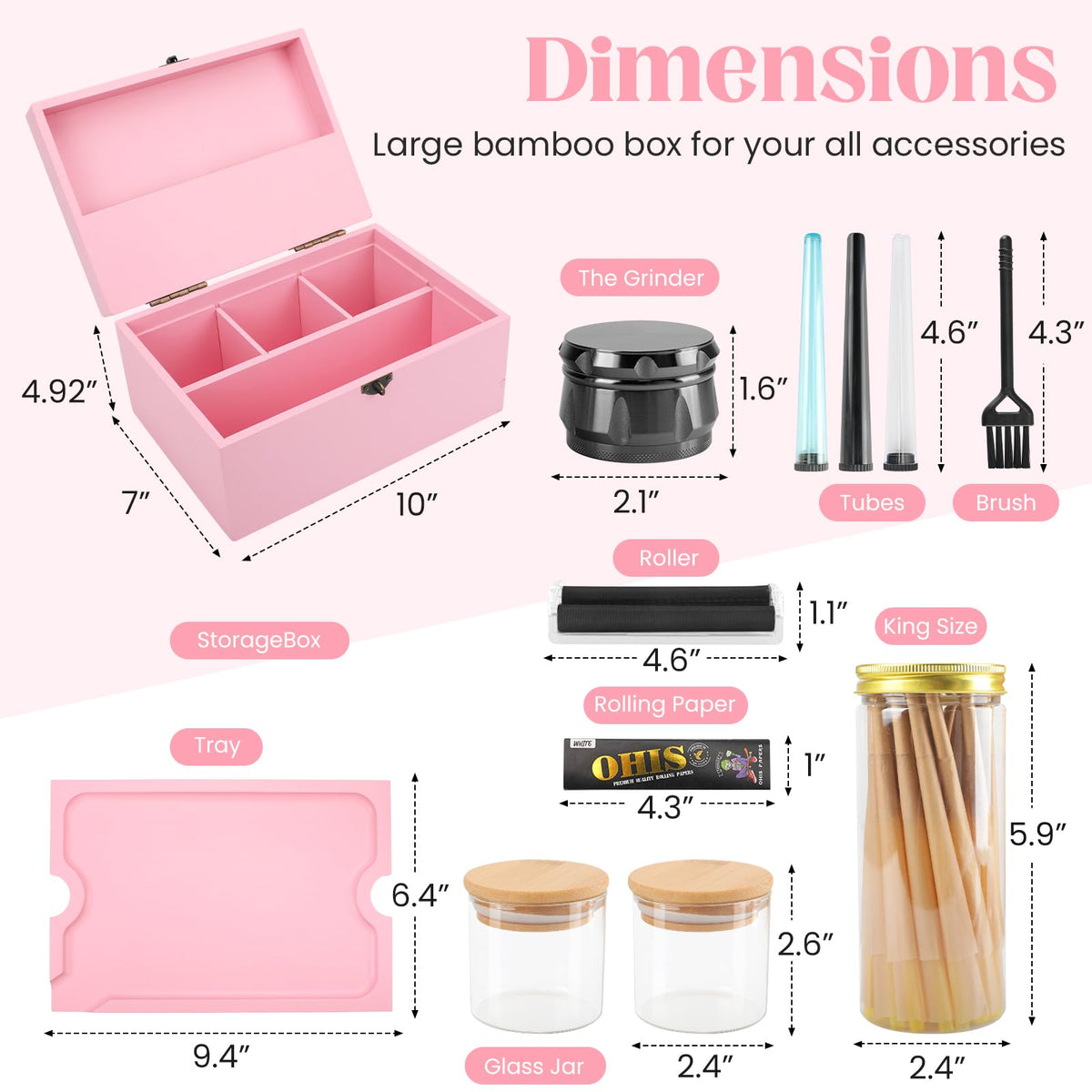 Coozyupper Large Bamboo Storage Box with Removable Tray Kit - Decorative Box Set, Glass Jars, and Accessories Wooden Storage Kit and Accessories Tool.Birthday Gifts