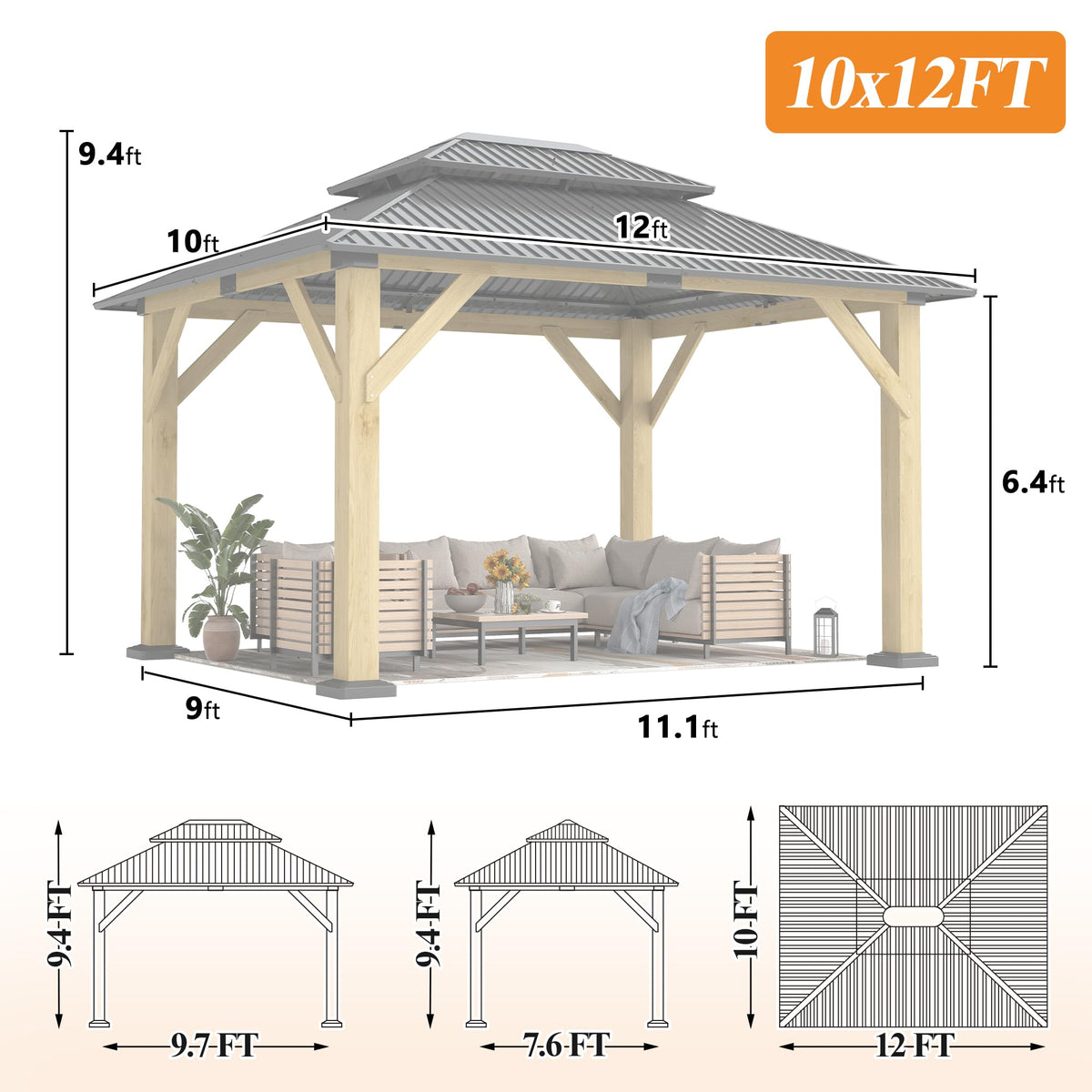 GARTOO 10' x 12' Outdoor Wooden Gazebo - Patio Hardtop Gazebo Permanent Wooden Pavilion with Galvanized Steel Double Roof, Wood Gazebos for Garden, Lawn, Poolside, Backyard Deck