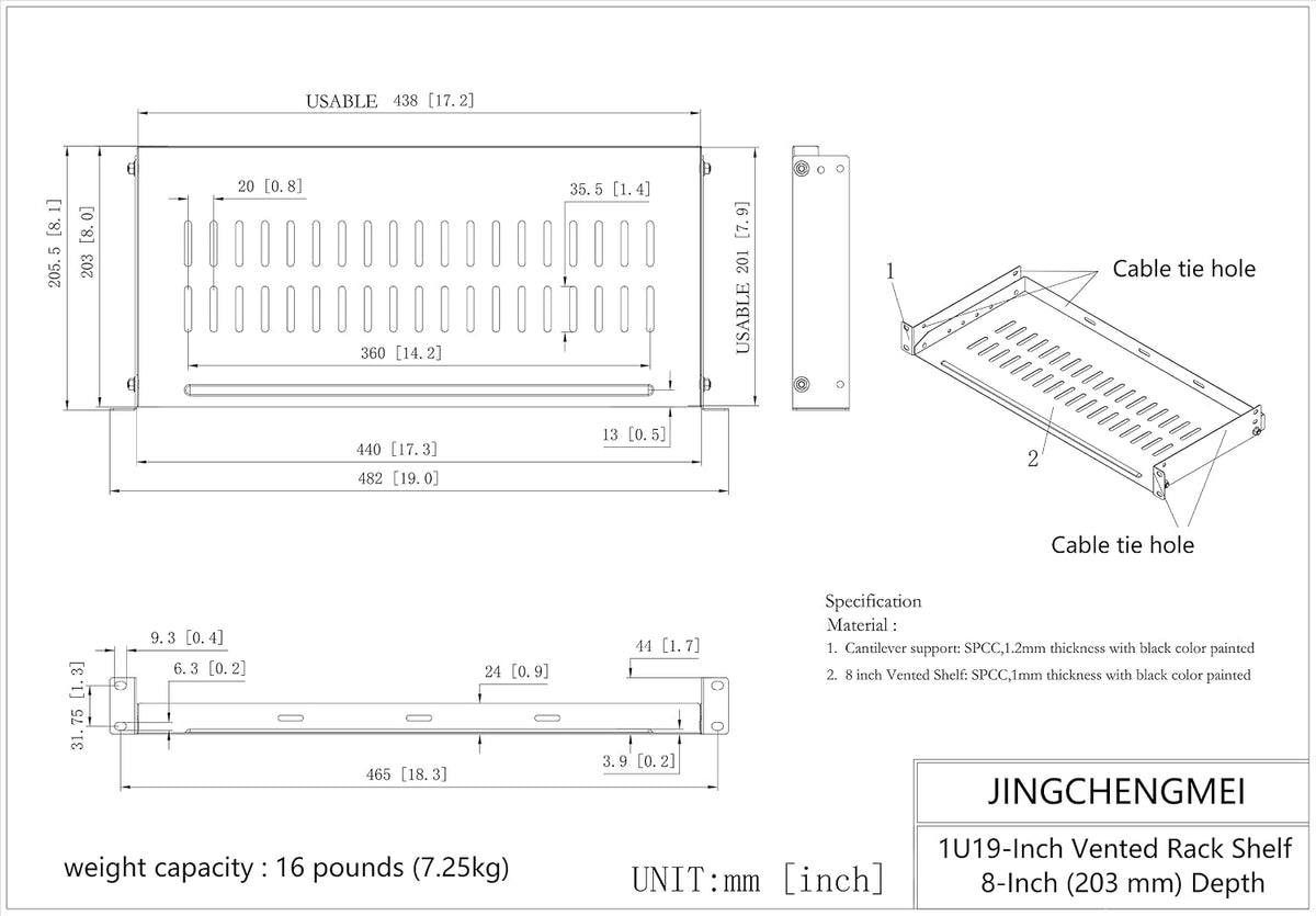 JINGCHENGMEI 1U 19 Inches (8 Inches Disassembled Vented Rack Shelf Universal Rack Tray No Lip for Network Cabinet