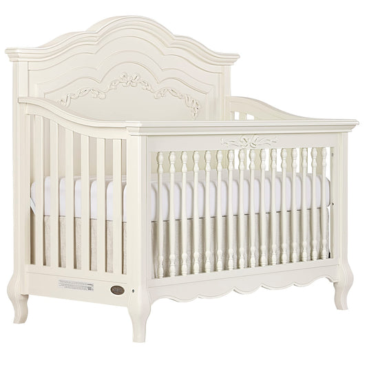 Evolur Aurora 5-in-1 Convertible Full-Size Baby Crib in Ivory Lace, GreenGuard Gold & JPMA, 3 Mattress HeightsRibbon Bow Scrollwork & Queen Anne Feet, Converts to Toddler, Day & Full-Size Bed
