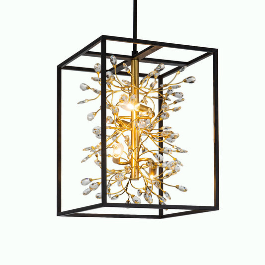 Vezzio Black and Gold Crystal Chandelier, 4-Light Modern Farmhouse Foyer Pendant Light for Entryway, Dining Room, Kitchen Island, Staircase, Hallway, H21 Inch