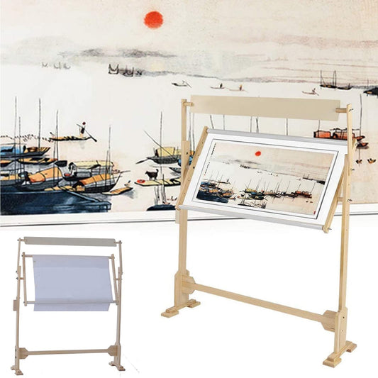 Embroidery Hoops Stand – 360° Adjustable Wooden Cross Stitch Frame, Needlework Floor Stand with Tool Box, Height & Width Adjustable
