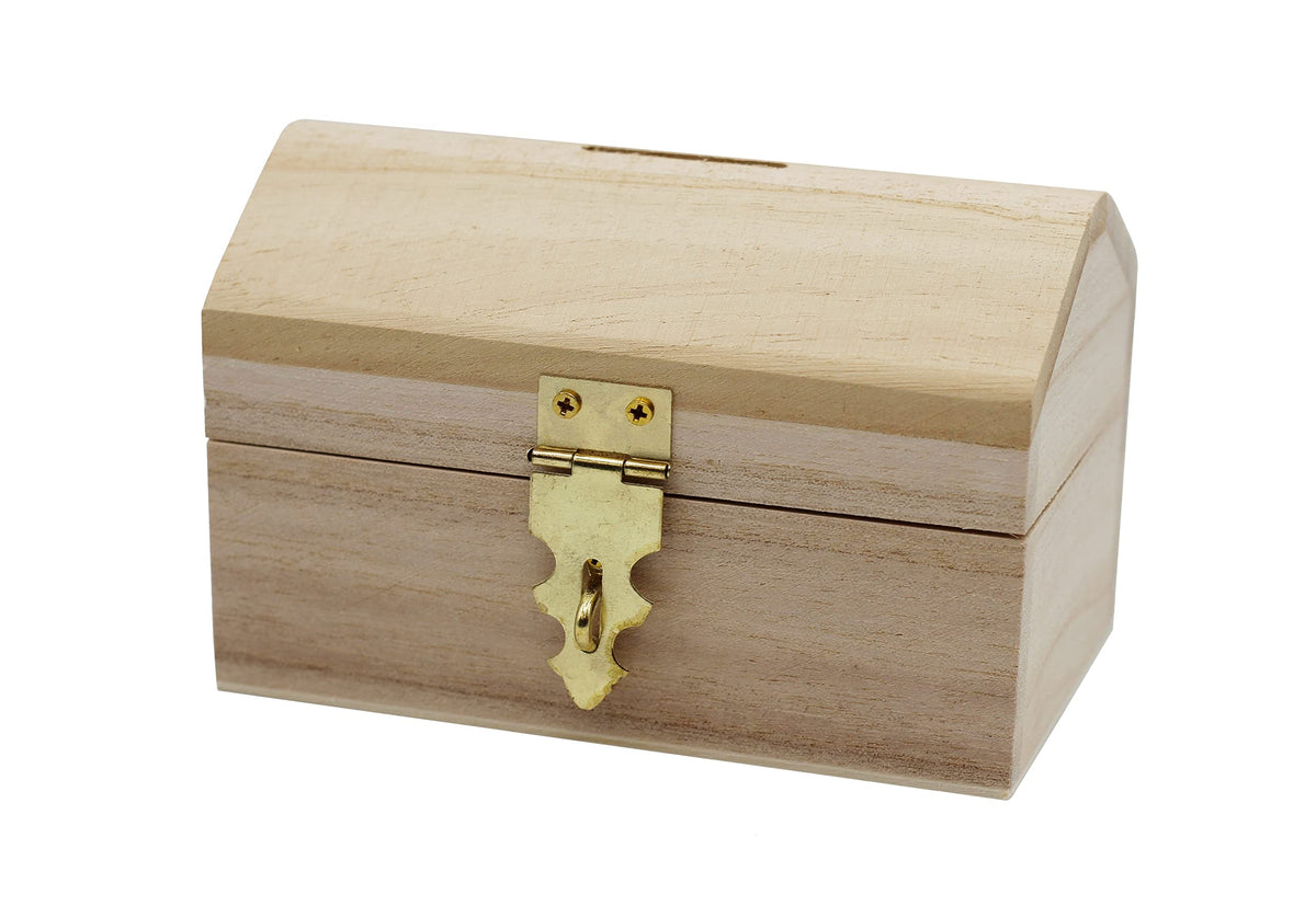 Creative Hobbies Pack of 6 Ready to Decorate Wood Treasure Chest Box Savings Bank with Coin Slot, Hinged Lid and Lockable Front Clasp, DIY Craft