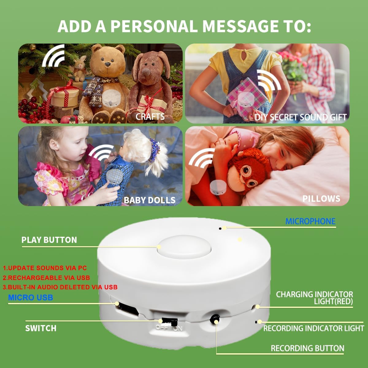 XLW 16 Min Voice Recorder,DIY Voice Recording Button for Stuffed Animals, Bear,Plush, Baby Doll,Pillow. Record Custom
