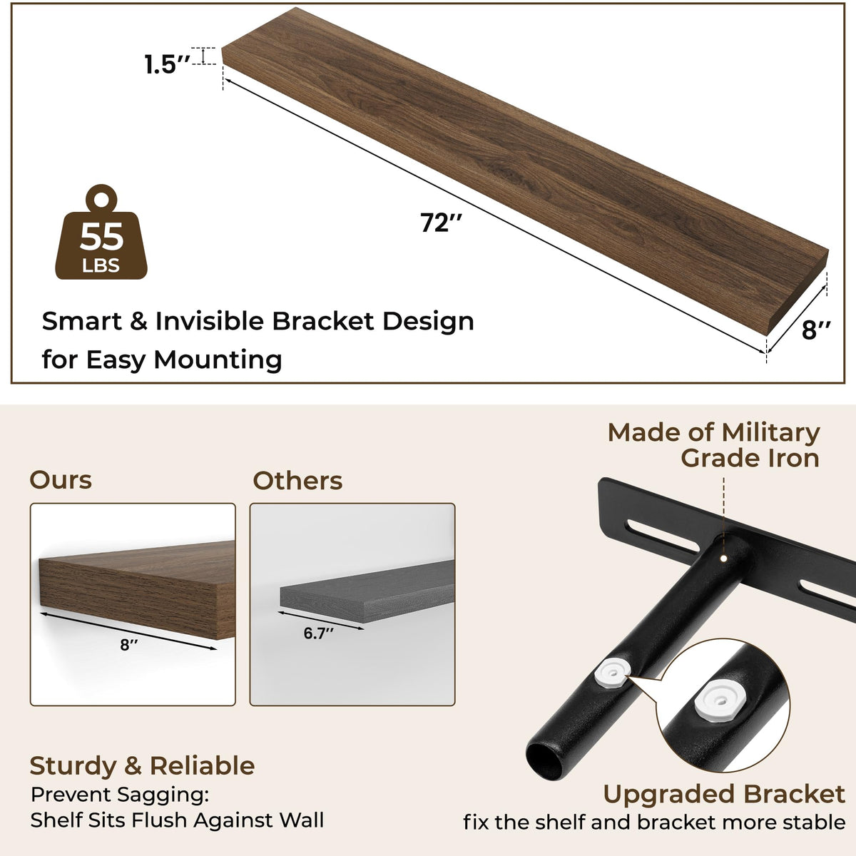 RICHFOCUS 72Inch Floating Shelves for Wall 2 Pack Shelves for Bedroom|Kitchen|Bathroom Wall Mounted Rustic Wood Floating Shelf with Invisible Brackets for Books|Storage|Decor, Walnut