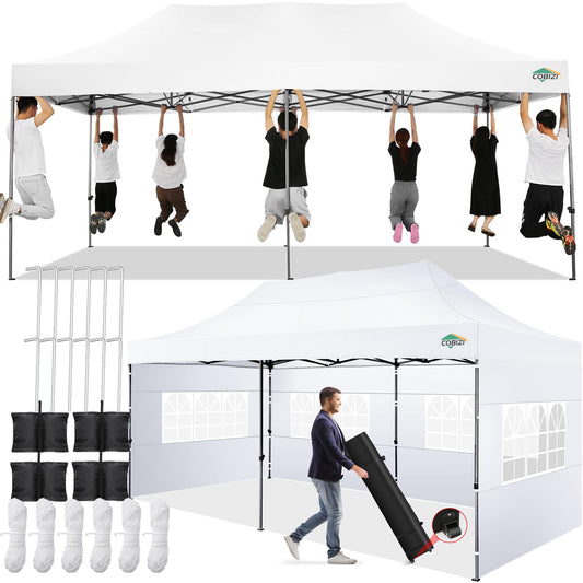 COBIZI 10x20 Pop up Canopy Tent 10x20 Canopy with 6 Sidewalls Waterproof Heavy Duty Commercial Canopy Tent for Parties Outdoor Garden Gazebo, Carry Bag with Wheel(10x20ft, White)