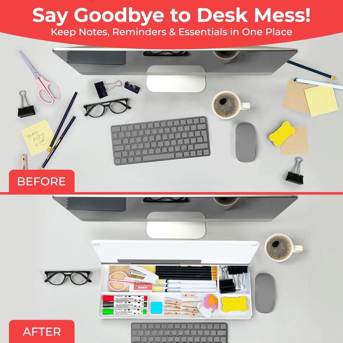 Chalkola Glass Desktop Whiteboard with Storage - Dry Erase Board, Work Desk Organizers, Computer Keyboard Stand, Home Office Desk Accessories, Small White Board, Workspace Desktop Buddy + 3 Markers