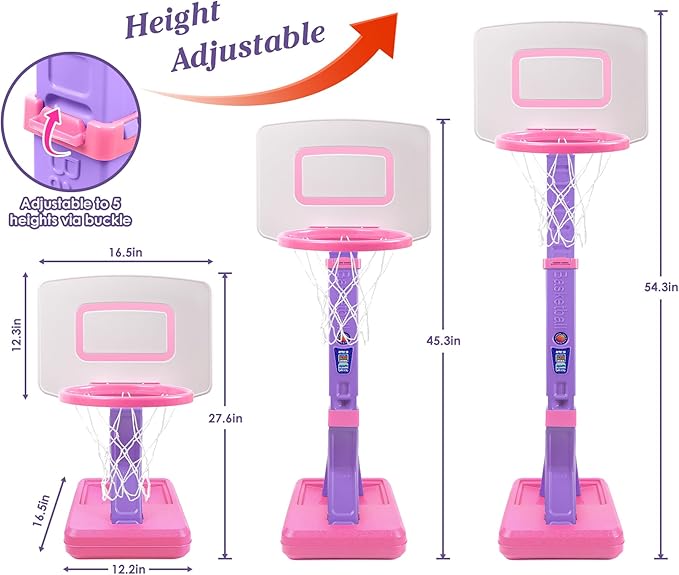 SUPER JOY Toddler Pink Basketball Hoop for Kids 1-3,2-4 5 Years Old, Adjustable Mini Hoop Set for Indoor Outdoor Play, Portable Basketball Goal Sports Toys for Little Boys Girls Birthday Gifts