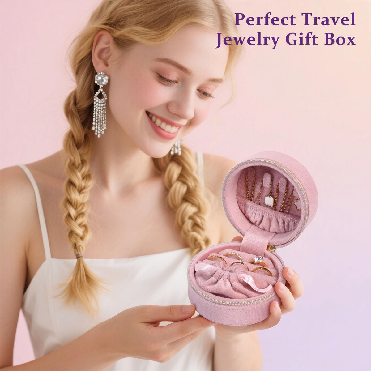 CONBOLA Travel Jewelry Case Small Jewelry Box for Women Girls,Round Velvet Mini Jewelry Travel Organizer,Portable Jewelry Box for Rings Earrings Necklaces Bracelets.(Pink,Small)