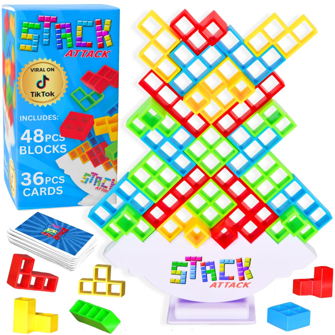 Stack Attack Tower Game, Fun Balance Games for Kids & Adults, Family Game Night Building Block and Stacking Gifts, Includes 48 Pcs & 36 Cards, Novelty Toy Gift
