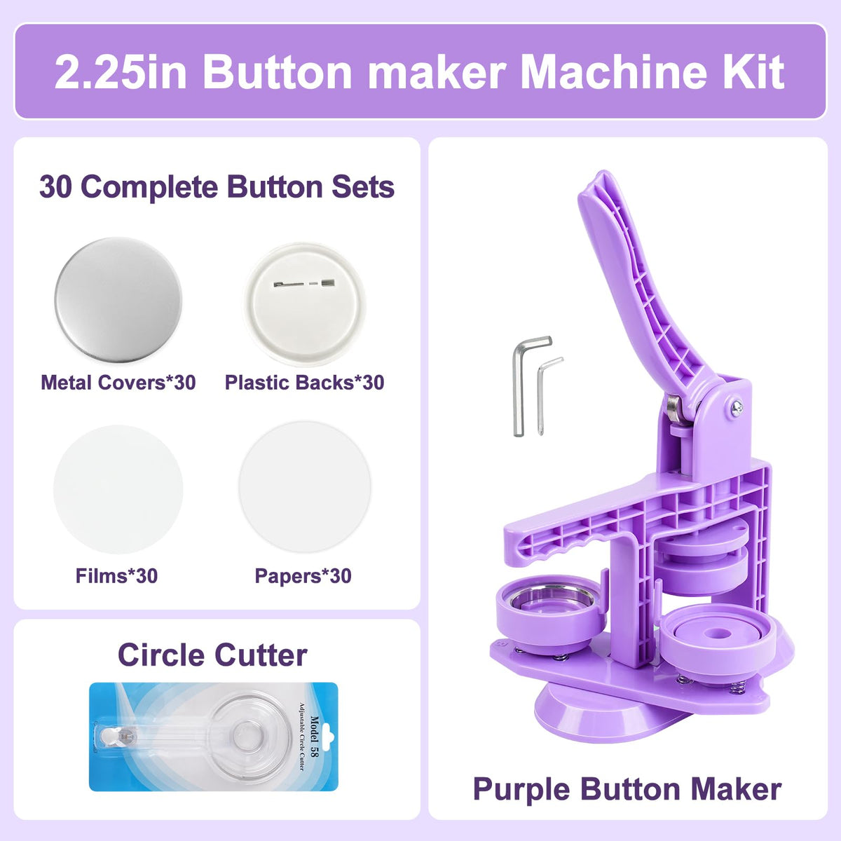 Happizza Button Maker Machine 58mm/2.25in, Pin Maker Machine Kit with 30 Buton Parts, DlY Badge Maker, Purple Button Press Machine, Perfect Beginner Experience Kit, Ideal for School, Parties, Events