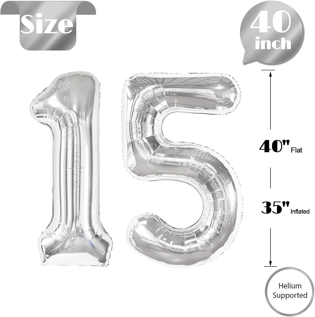 Number 15 Balloon by Silver | 40-Inch Silver Birthday Decoration for 15th Birthday Party