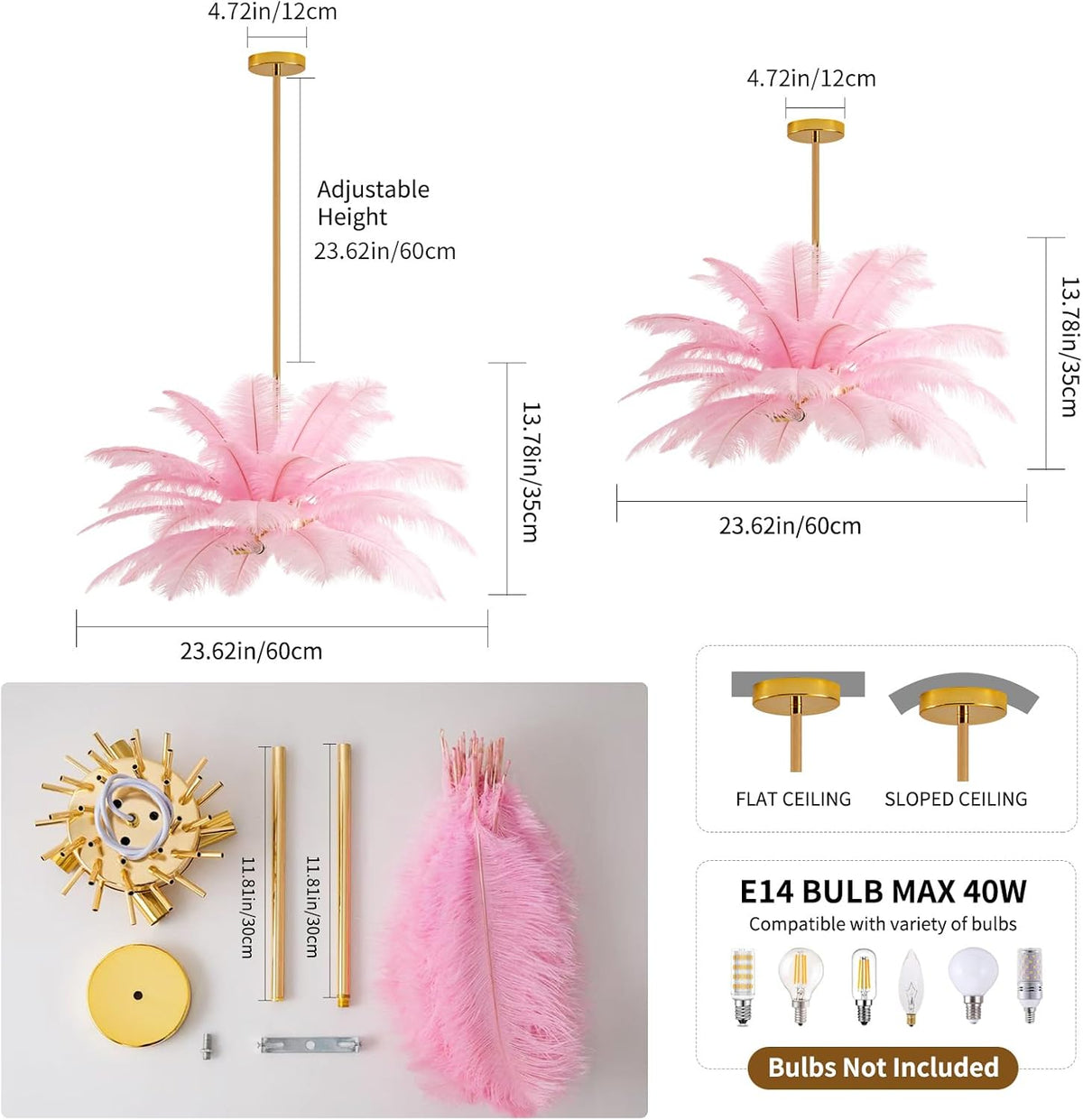 NZV Pink Feather Chandelier - Romantic Ostrich Feather Pendant Light for Girls' Room | 23.6in E14 Base