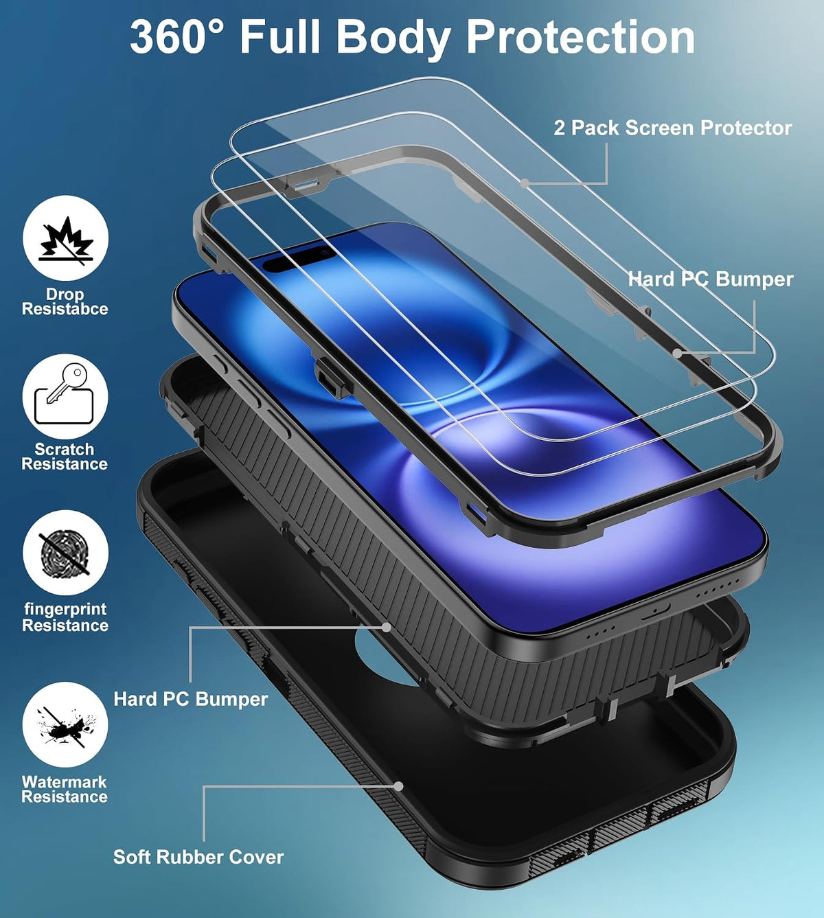 Aimoll-88 16 2 3 16 for iPhone Case, with Screen Protector Heavy Duty Drop Protection, Full Body Layer Rugged