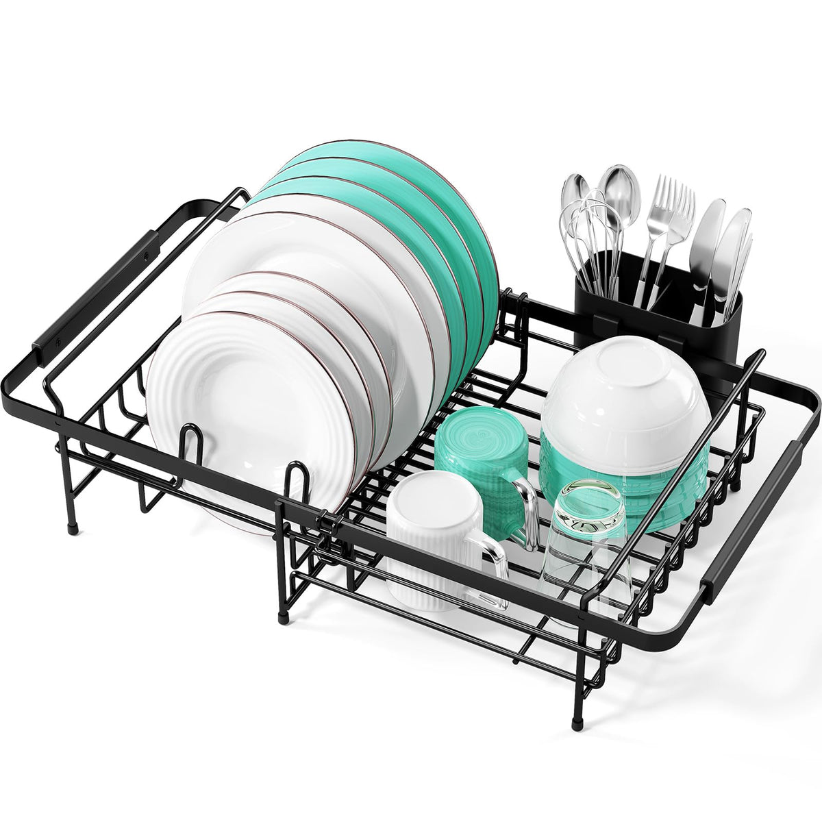 Urackify Dish Drying Rack in Sink - Expandable (14.5''-18''L) Over The Sink Dish Rack with Utensil Holder, Space-Saving Dish Drainer for Kitchen Counter, 1 Piece, Matte Black