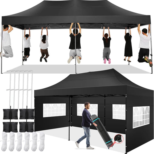 COBIZI 10x20 Pop up Canopy Tent 10x20 Canopy with 6 Sidewalls Waterproof Heavy Duty Commercial Canopy Tent for Parties Outdoor Garden Gazebo, Carry Bag with Wheel(10x20ft,Space Black)