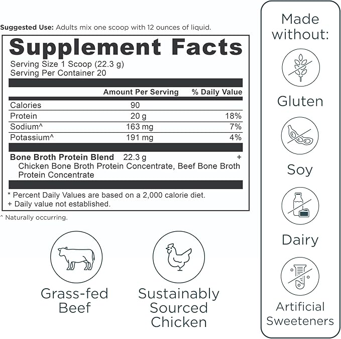 Ancient Nutrition Grass Fed & Cage Free Bone Broth Protein Powder, 20g Protein Per Serving, Hydrolyzed Collagen Peptides, Glucosamine, Chondroitin, Supports Joint & Gut Health, Pure, 20 Servings