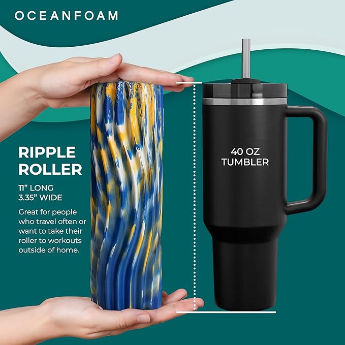 Oceanfoam Ripple Travel Foam Roller (11" x 3.35") Firm Mini Foam Roller for Physical Therapy, Deep Tissue Massage, Back Pain, High Density, Wave Textured, Yoga, Exercise (Royal Gold & Natural Marbled)