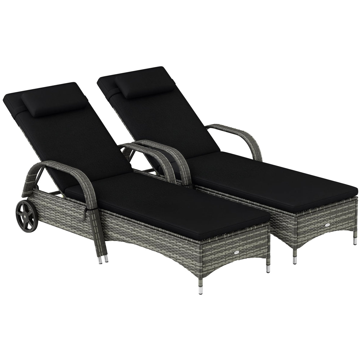 Outsunny Wicker Outdoor Chaise Lounge Set of 2, 5-Level Adjustable Backrest PE Rattan Pool Lounge Chair with Wheels, Cushion & Headrest, Mixed Gray and Charcoal Black