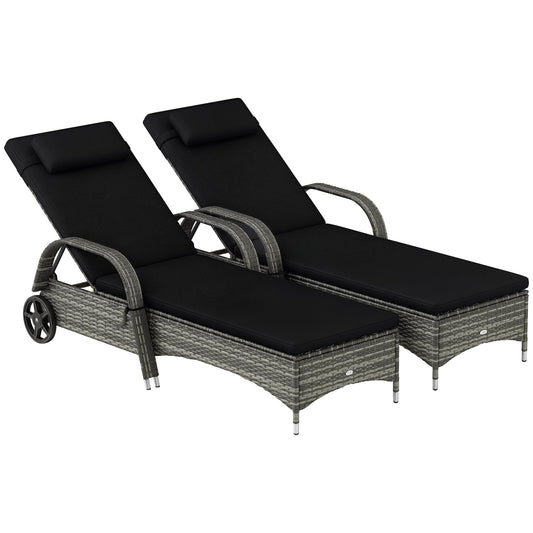 Outsunny Wicker Outdoor Chaise Lounge Set of 2, 5-Level Adjustable Backrest PE Rattan Pool Lounge Chair with Wheels, Cushion & Headrest, Mixed Gray and Charcoal Black