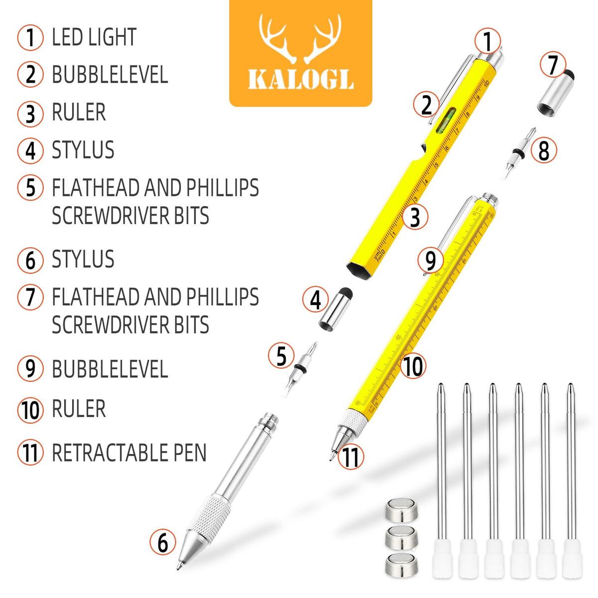 Gifts for Dad Men Him,2 Pack Multitool Pen,Multi-tool Pen with [Stylus, Ballpoint Pen, 6 refills, 4" Ruler, Level, Phillips Screwdriver,LED] (Yellow)