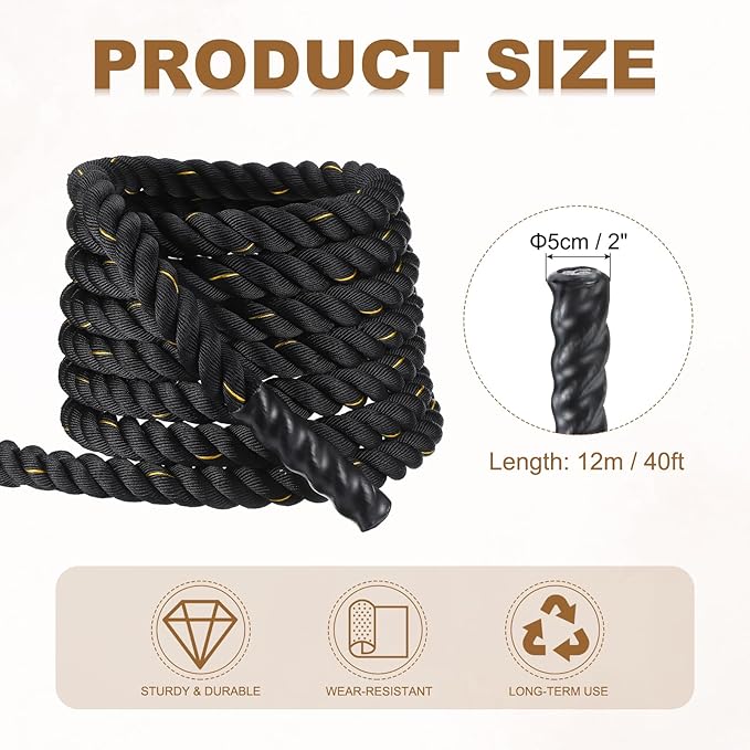 MECCANIXITY Battle Rope 40ft x 2 Inch Polyester Workout Rope Heavy Fitness Exercise Rope for Strength Training Home Gym Muscle Building, Black Yellow