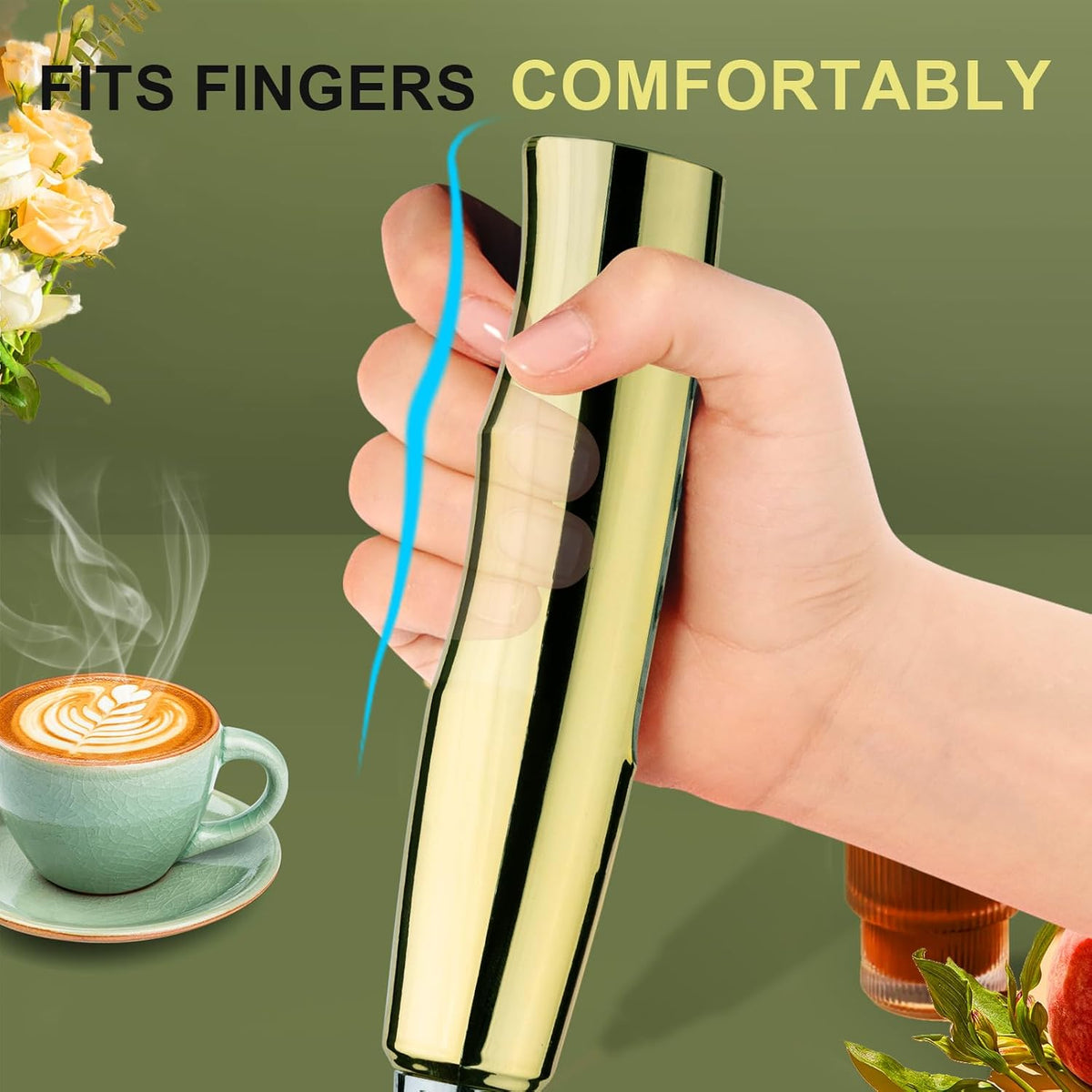 YUSWKO Handheld Milk Frother - Champagne Gold Electric Whisk with Stand, 3 Speeds & 3 Heads for Coffee, Latte & More