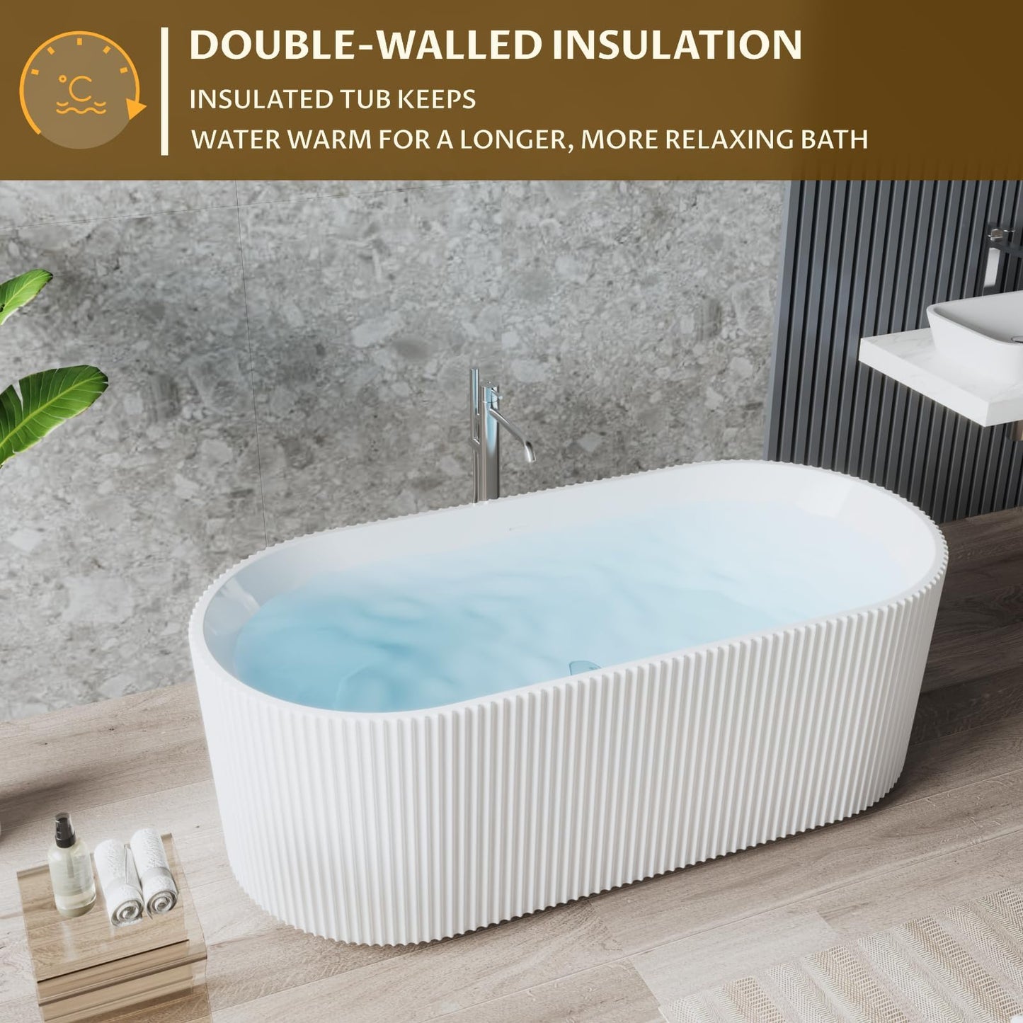 GarveeTech 59" Freestanding Acrylic Bathtub - Luxury Soaking Tub with Overflow Drain, CUPC Certified, Pleated Design, Glossy White, Easy Installation for Modern Bathroom