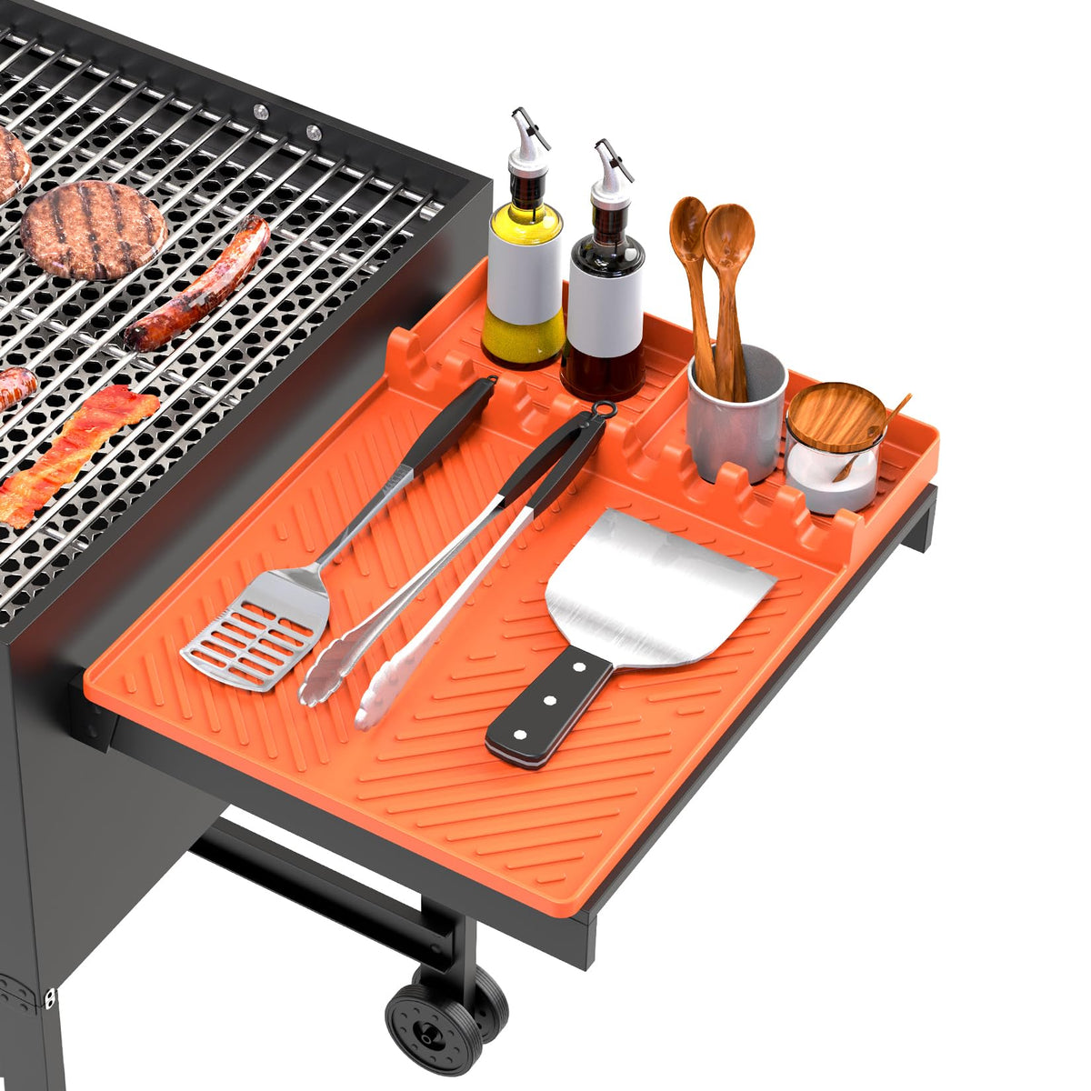 Silicone Grill Mat Compatible with Blackstone, BBQ Griddle Tools Mat with Drip Pad, Spatula Mat for Outdoor Kitchen Counter, Gifts for Men (Orange)