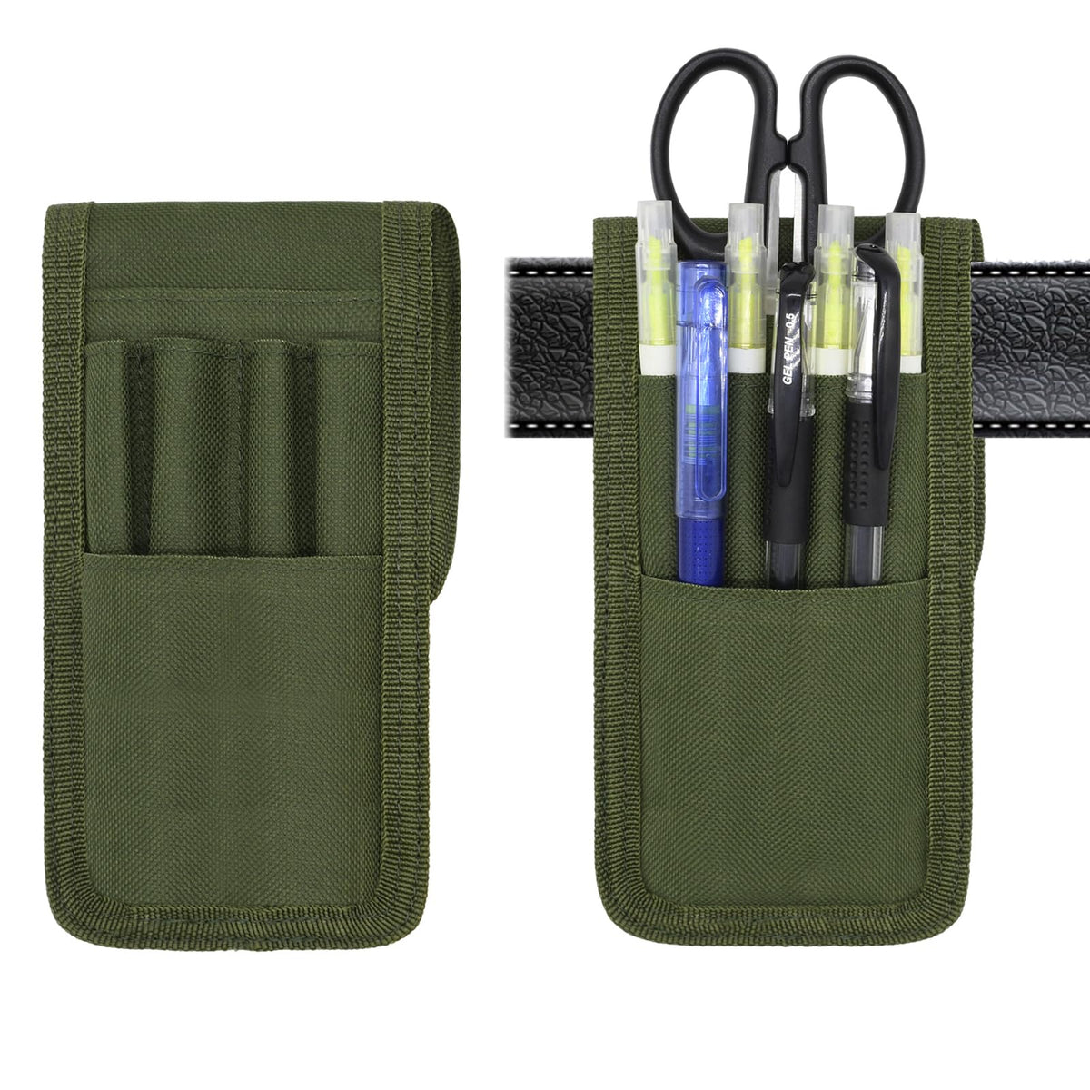 2 Pcs KATOLK Belt Pen Holder, Multifunctional Adjustable Tactical Pencil Pouch, Detachable Military Duty Pencil Sleeve Case, Can Hold Pens, Rulers and Scissors (Army Green)