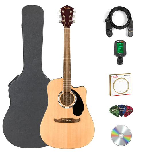 Fender FA-125CE Dreadnought Cutaway Acoustic-Electric Guitar - Natural Bundle with Hard Case, Tuner, Strap, Strings, Picks, and Austin Bazaar Instructional DVD