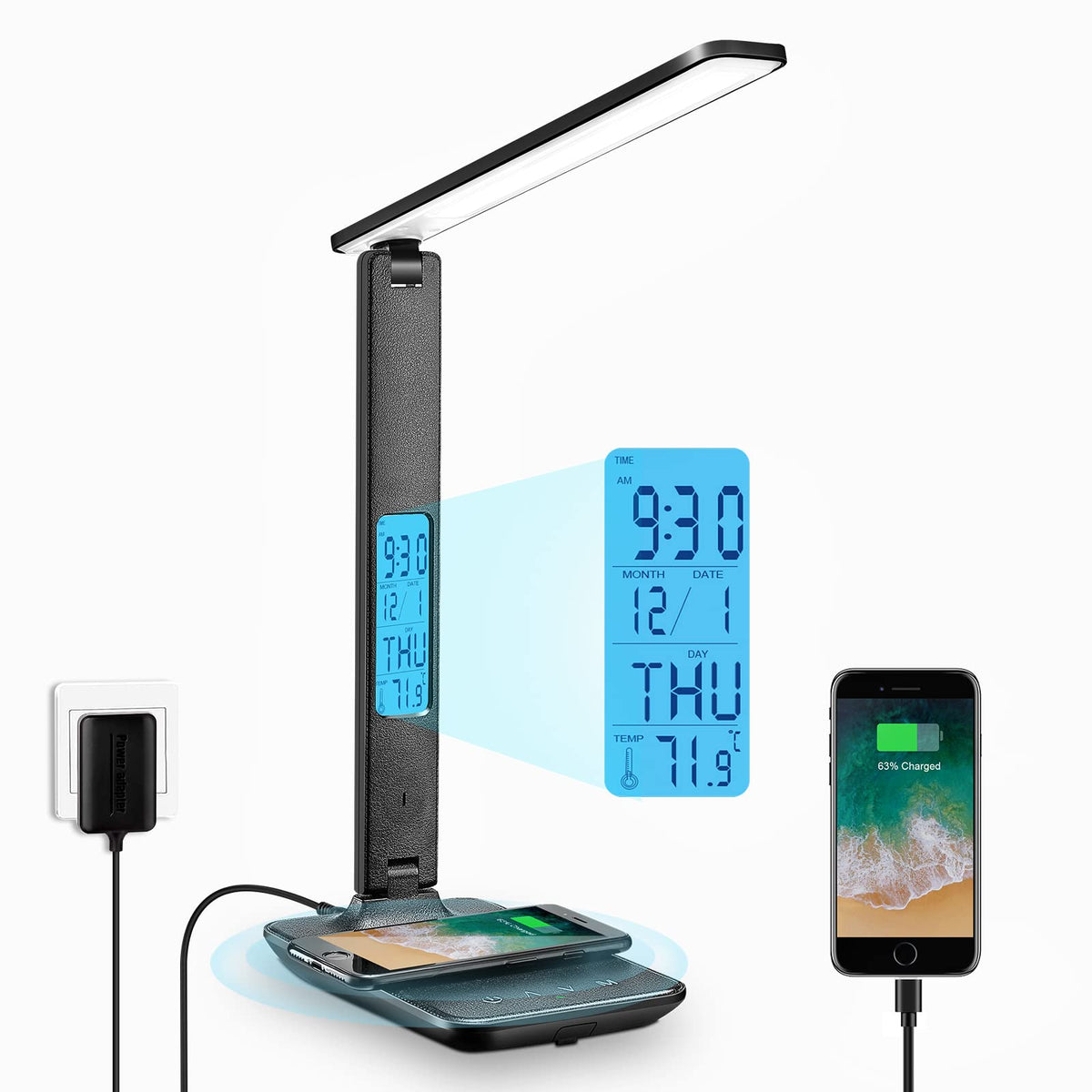LAOPAO Desk Lamp with Wireless Charger: USB Charging Port, Table Lamp with Clock, Desk Lamps for Home Office College Dorm Room Essentials