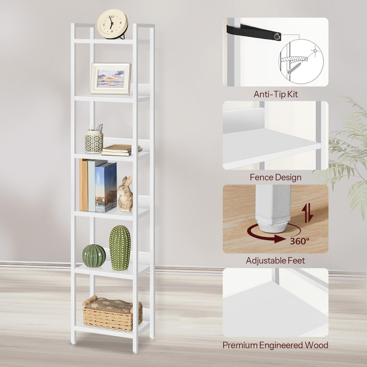 MAHANCRIS 6-Tier Bookcase and Mobile Printer Stand Bundle, Standing Book Shelf for Small Space, Rolling Printer Table on Wheels for Home Office, BKBW6601-PTWT78E01