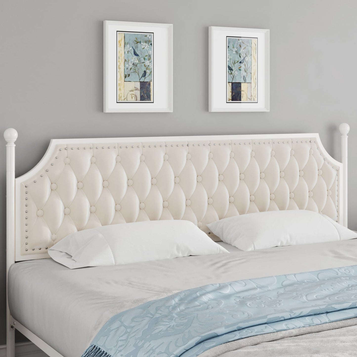Keyluv Full Upholstered Canopy Bed Frame with 2 Drawers and Button Tufted Headboard, Metal Platform Bed with 4 Removable Posts, Two-Purpose Velvet Bed No Box Spring Needed, Beige/Curtains Not Included