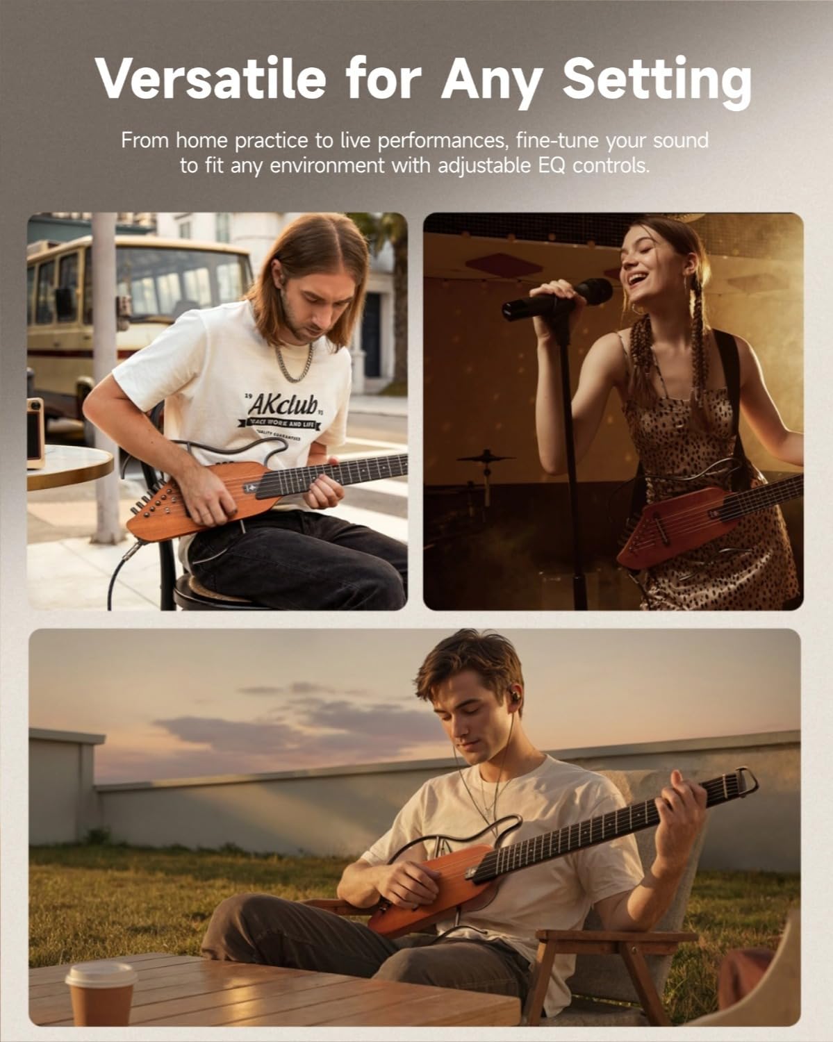 Donner HUSH I Guitar For Travel - Portable Ultra-Light and Quiet Performance Headless Acoustic-Electric Guitar, Mahogany Body with Removable Frames, Gig Bag,and Accessories