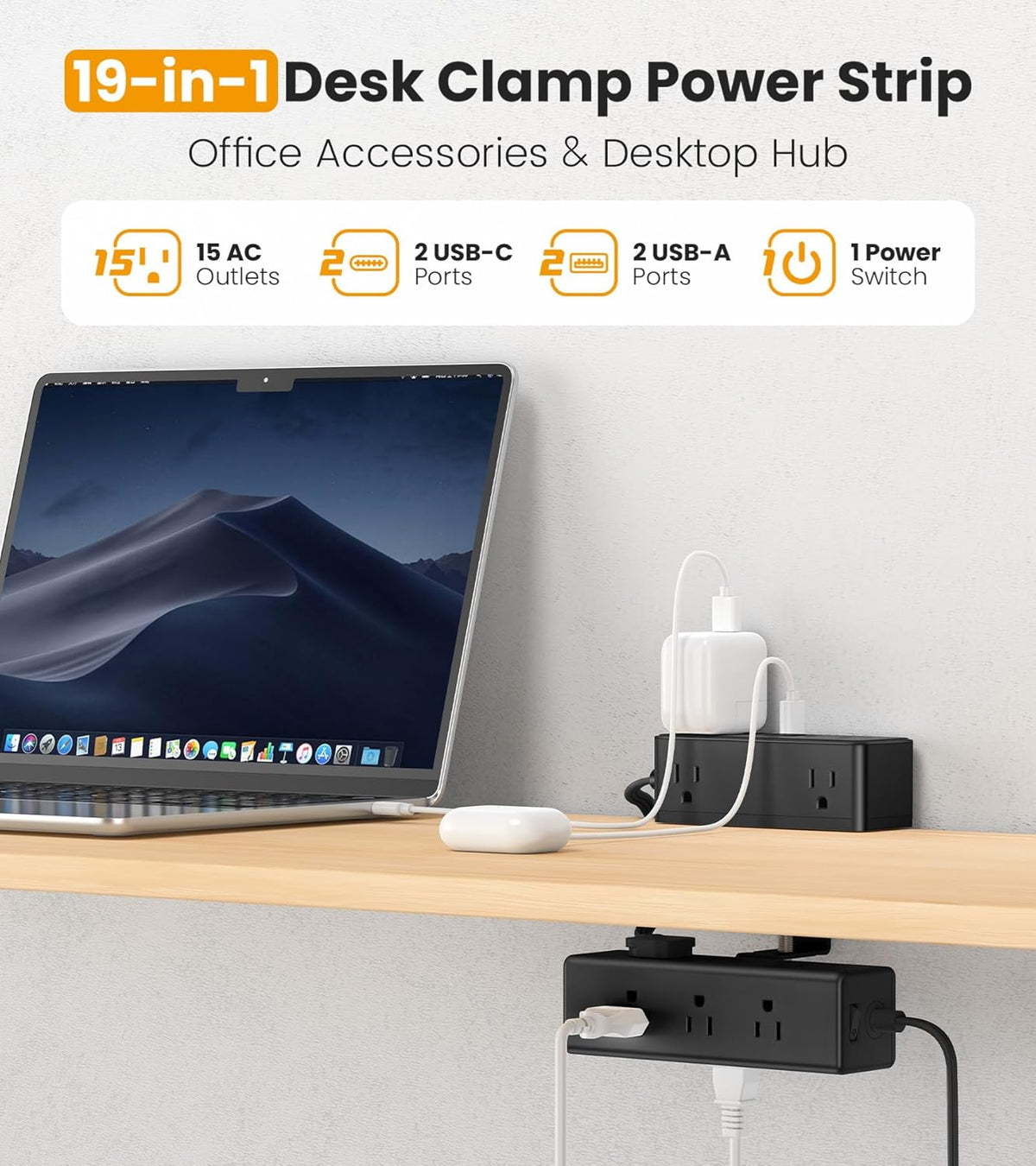 VILONG 4 Ports(20W 15 5FT Dual Layer Desk Clamp Power Strip with USB USB-C) & AC Outlets, Desktop Edge Mount Surge