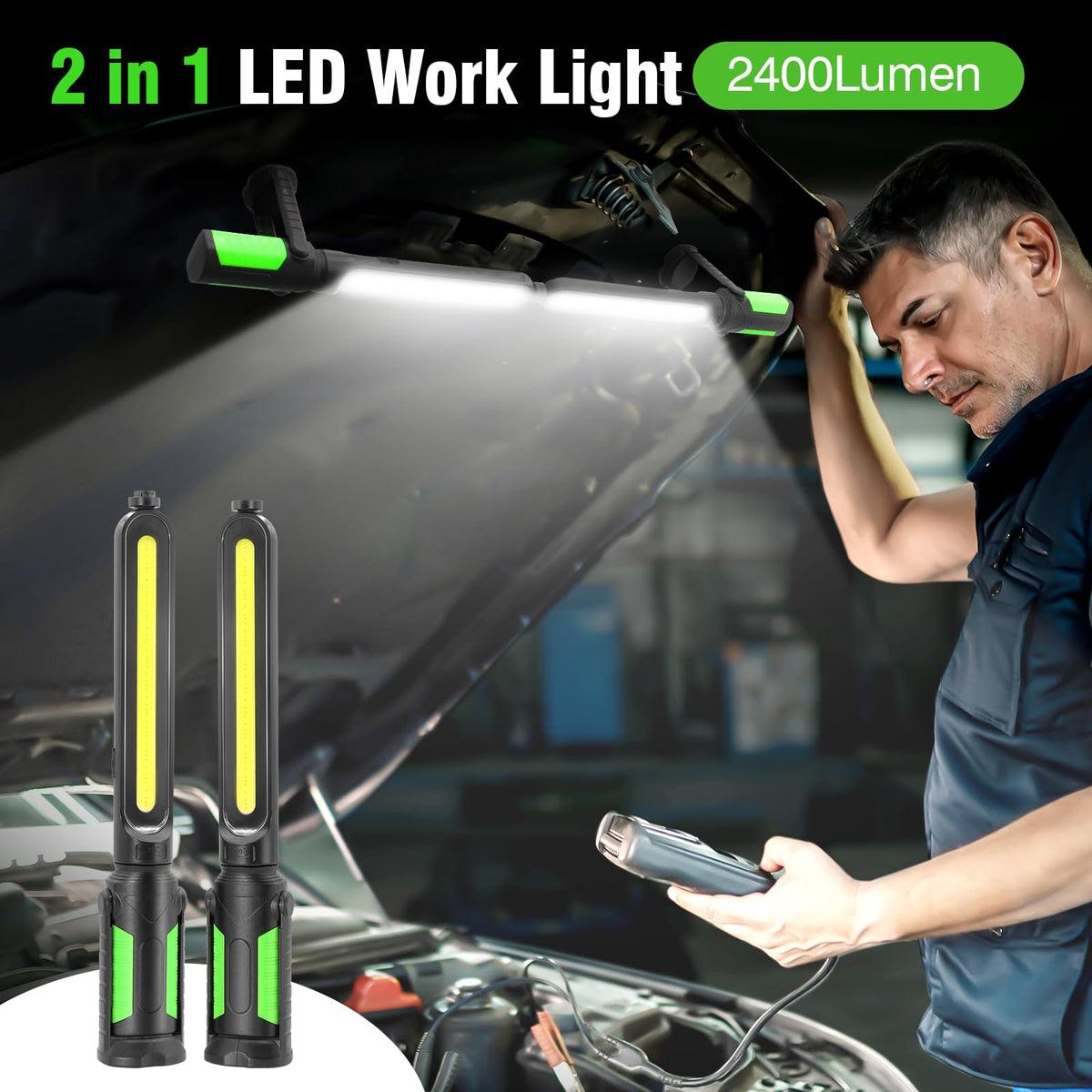 SYLSTAR Work Light for Mechanic, 2400LM LED, 4400mAh Rechargeable, Magnetic, Underhood Work Light with Hooks for Car Repairing/Inspection/Garage/Workshop/Emergency