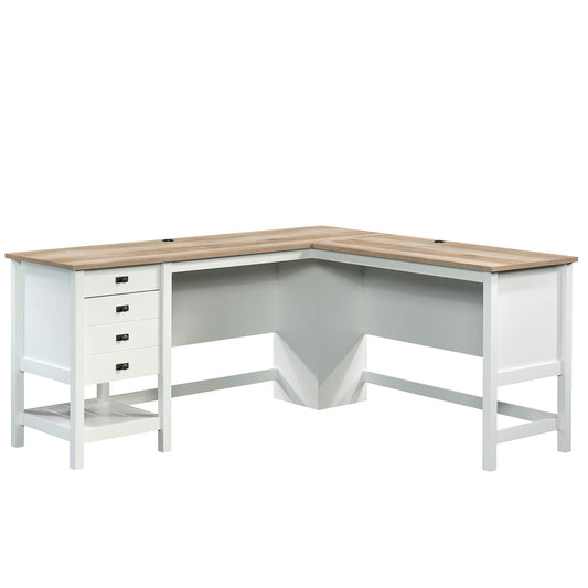 Sauder Cottage Road L Shaped Desk Computer Desk with Drawers, Home Office Desk with Optional File Cabinet Storage, Cable Management, in Soft White Finish