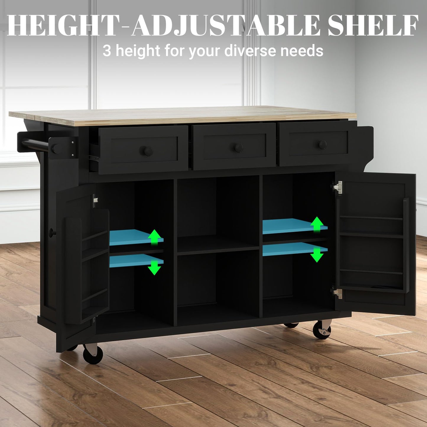 Rovibek Kitchen Island with Drawers 53 in Rolling Island Cart Mobile Portable Islands on Wheels Solid Wood Island with Storage Cabinet & Drawers, Jet Black