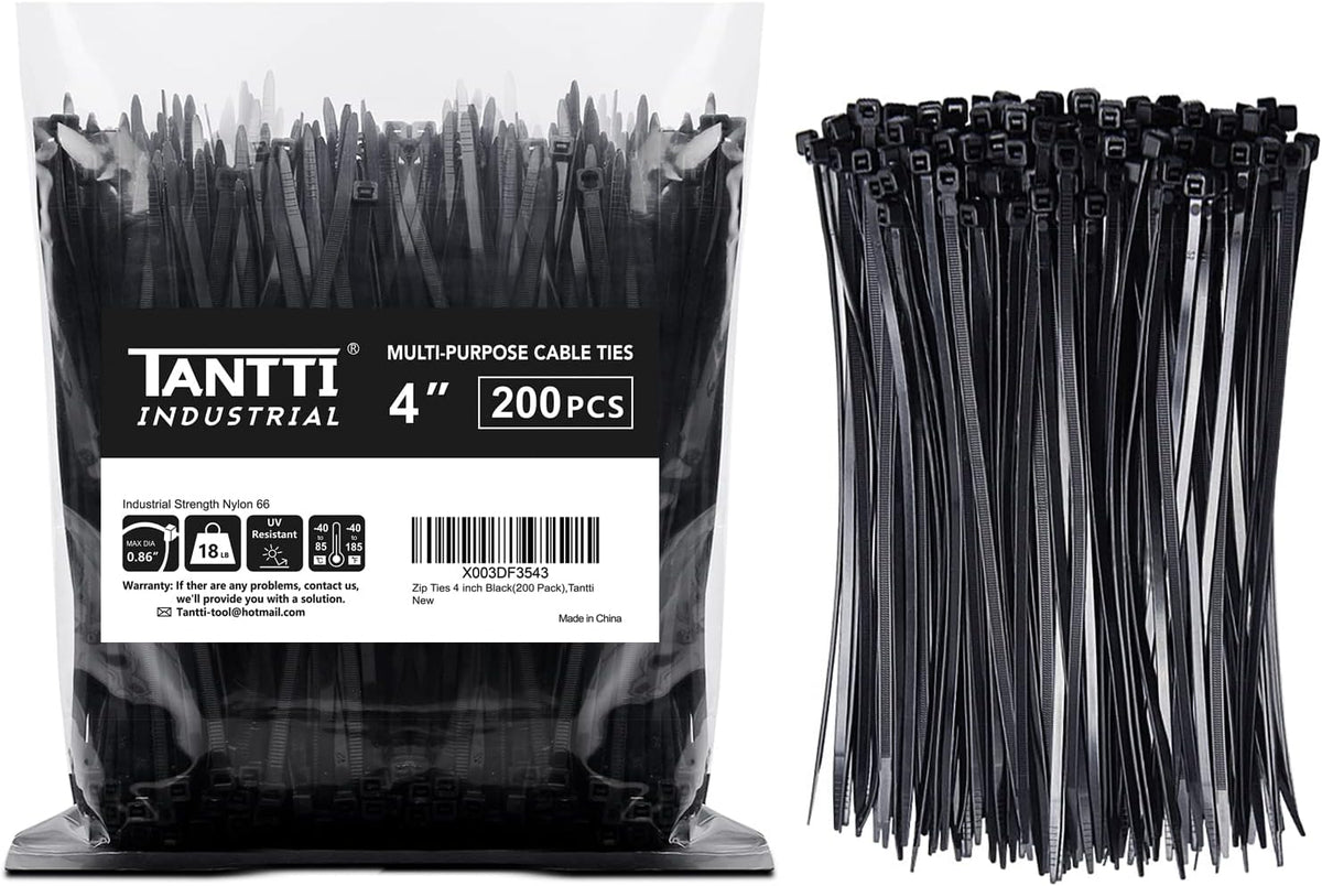 TANTTI 4 inch (200 Pack), 18 lb Zip Ties Small Zip Ties with Tensile Strength, Black, by Supply