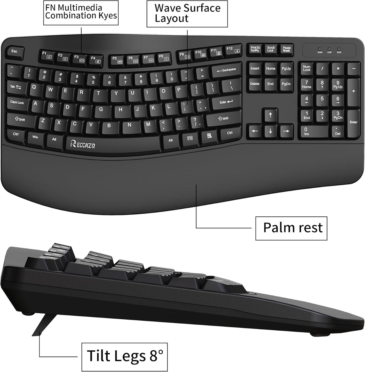 RECCAZR Ergonomic Keyboard, Wired Computer USB Keyboard with Wrist Rest, Spill-Resistant, Wave Keys for Natural Typing