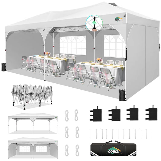 COBIZI 10x20 Pop Up Canopy Tent, Outdoor Party Tent with 4 Sidewalls, 1 Person Easy Set up, Tents for Parties with Fluorescent Strip & 4 Sandbags, Waterproof UPF50+, 3 Adjustable Height, White