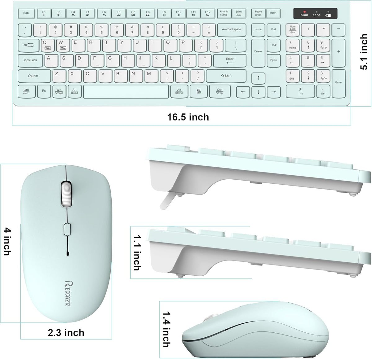 RECCAZR 2.4GHz Silent Keyboard and Mouse Combo Wireless,ful-Sized Wireless Keyboard and Adjustable DPI Mouse, USB