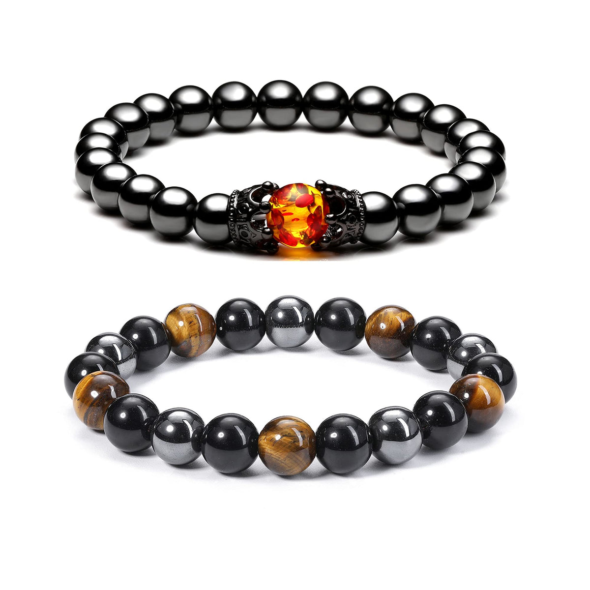 Jovivi 2 Pcs Hematite Black Obsidian Tiger Eye Stone Bracelets for Men Women 10mm Natural Round Gemstone Beads Beaded Healing Crystal Bracelet for Protection, Good Luck